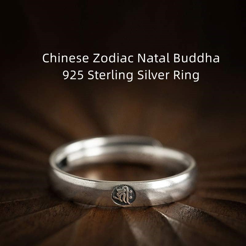 Karma Stone 925 Sterling Silver Chinese Zodiac Natal Buddha Blessing Couple Ring