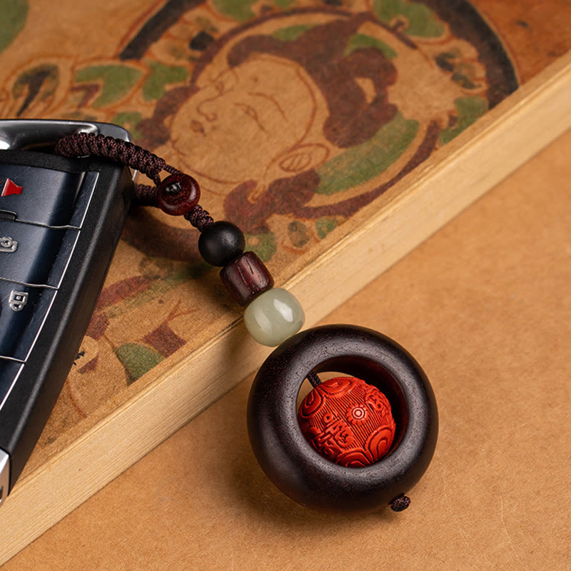 Karma Stone Tibet Om Mani Padme Hum PiXiu Copper Coin Small Leaf Red Sandalwood Cinnabar Protection Key Chain