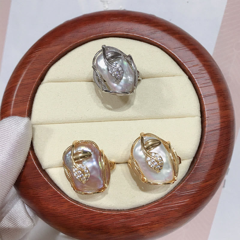 Karma Stone Pearl Copper Plated Gold Flower Happiness Wealth Ring