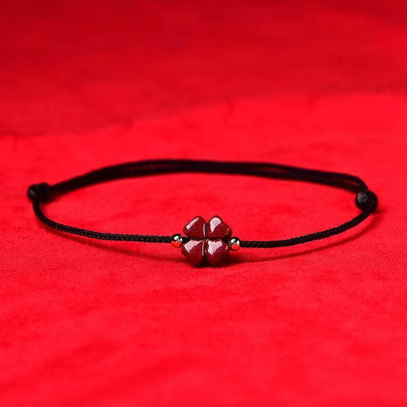Karma Stone Natural Cinnabar Four Leaf Clover Blessing Red String Bracelet Anklet