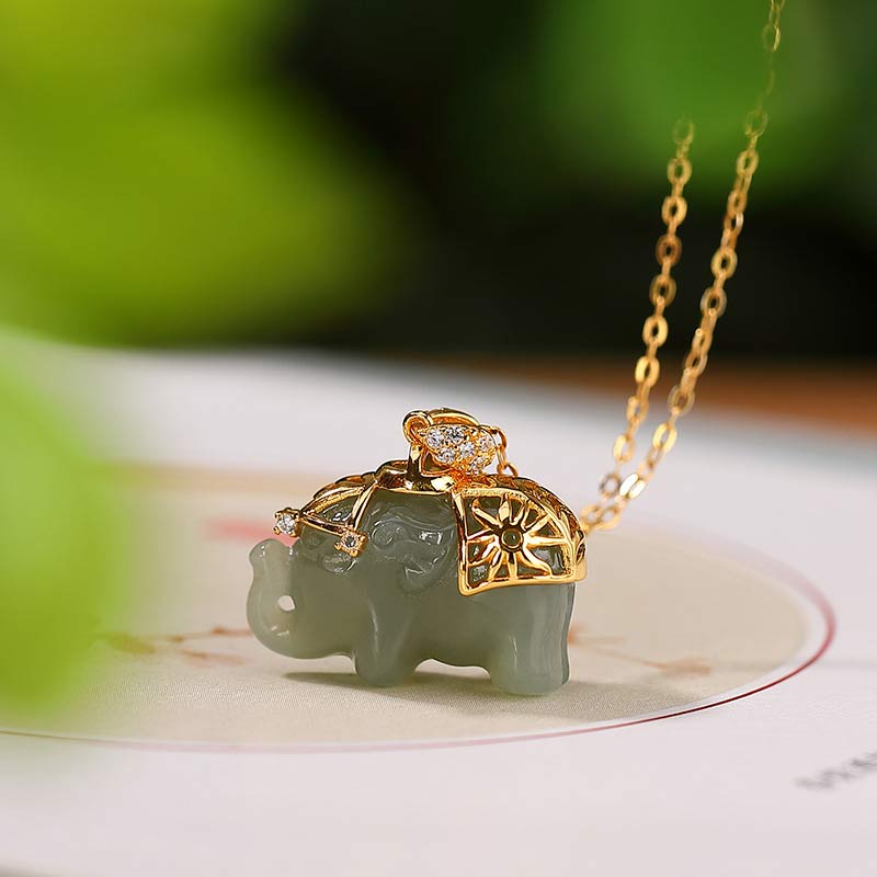 Karma Stone 925 Sterling Silver Jade Elephant Blessing Fortune Necklace Chain Pendant