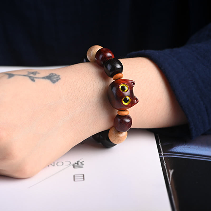 Karma Stone Small Leaf Red Sandalwood Ebony Wood Cute Cat Engraved Protection Bracelet