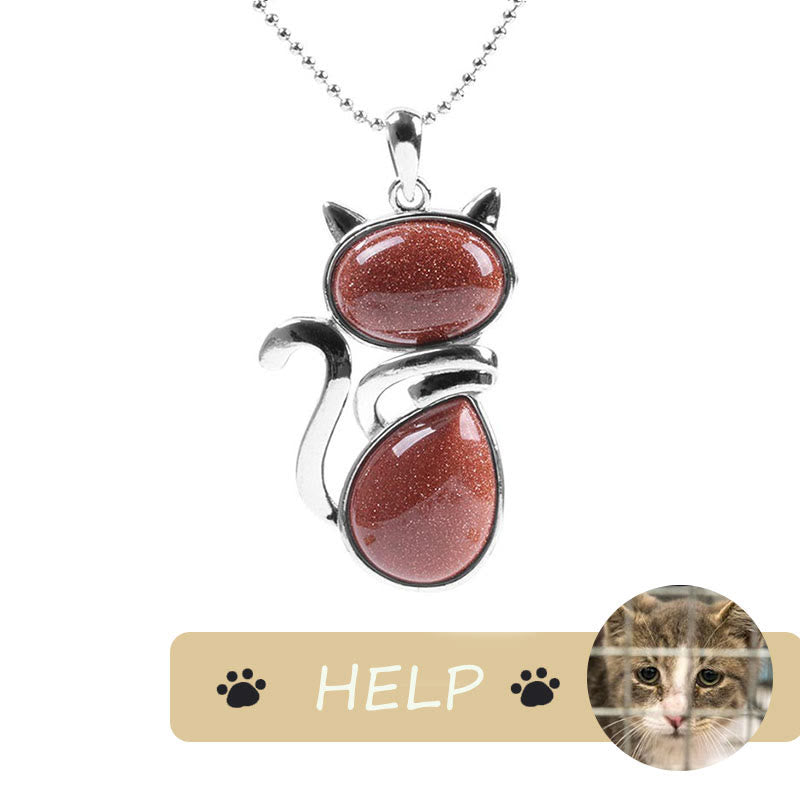 Karma Stone "Save A Cat" Cute Cat Pattern Natural Crystal Protection Cat-Loving Pendant Necklace