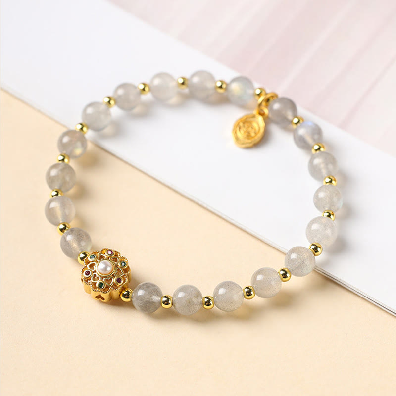 Karma Stone 14K Gold Plated Natural Strawberry Quartz Labradorite Sun Stone Fu Character Positive Charm Bracelet