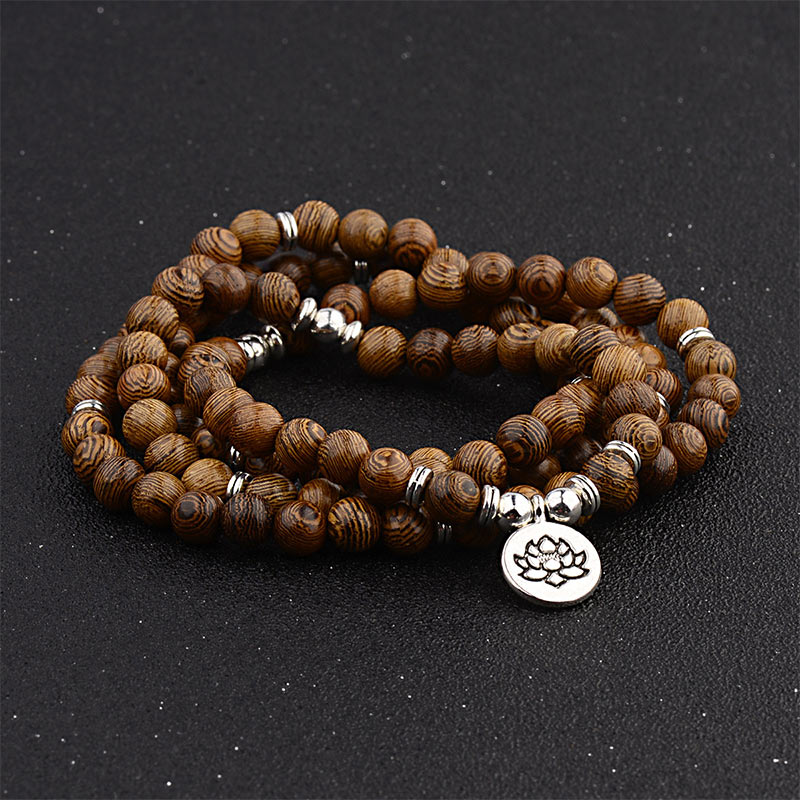 Karma Stone Tibetan Lightning Strike Wood Bracelet Lotus Buddha Mala