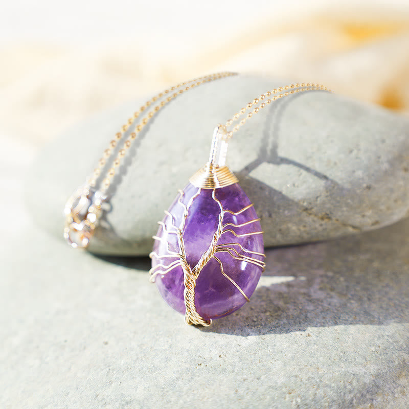 Karma Stone Natural Quartz Crystal Tree Of Life Healing Energy Necklace Pendant