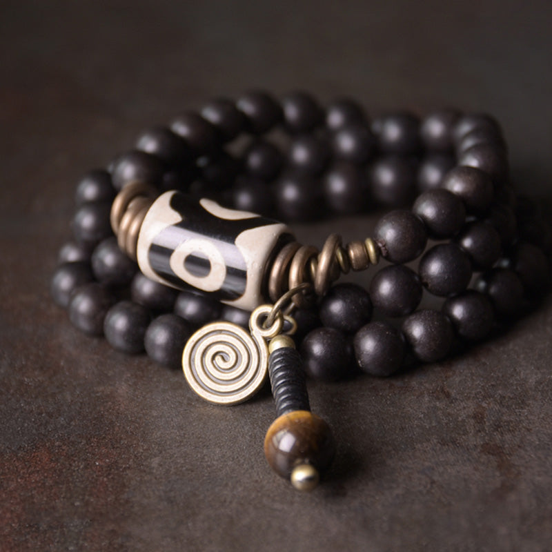 Karma Stone Ebony Wood Dzi Bead Copper Protection Couple Bracelet