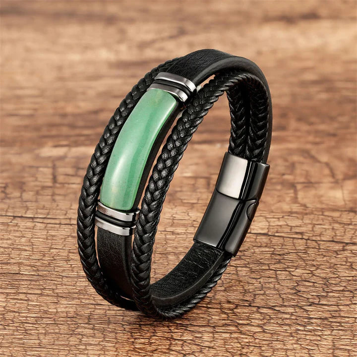 Karma Stone Natural Stone Green Agate Power Multilayered Braided Leather Bracelet