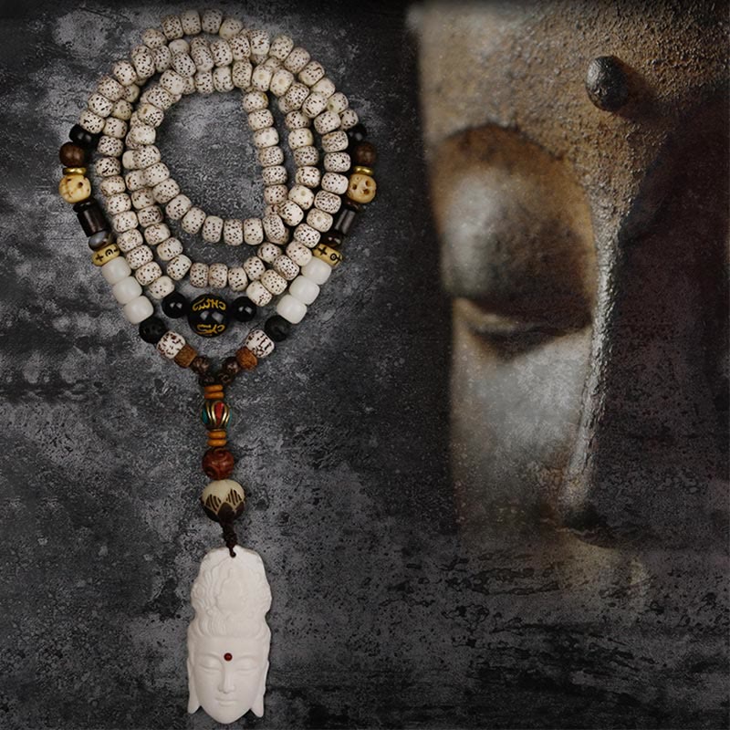 Karma Stone 108 Mala Beads Bodhi Seed Yak Bone Avalokitesvara Lucky Pixiu Guan Gong Buddha Demon Peace Tassel Bracelet