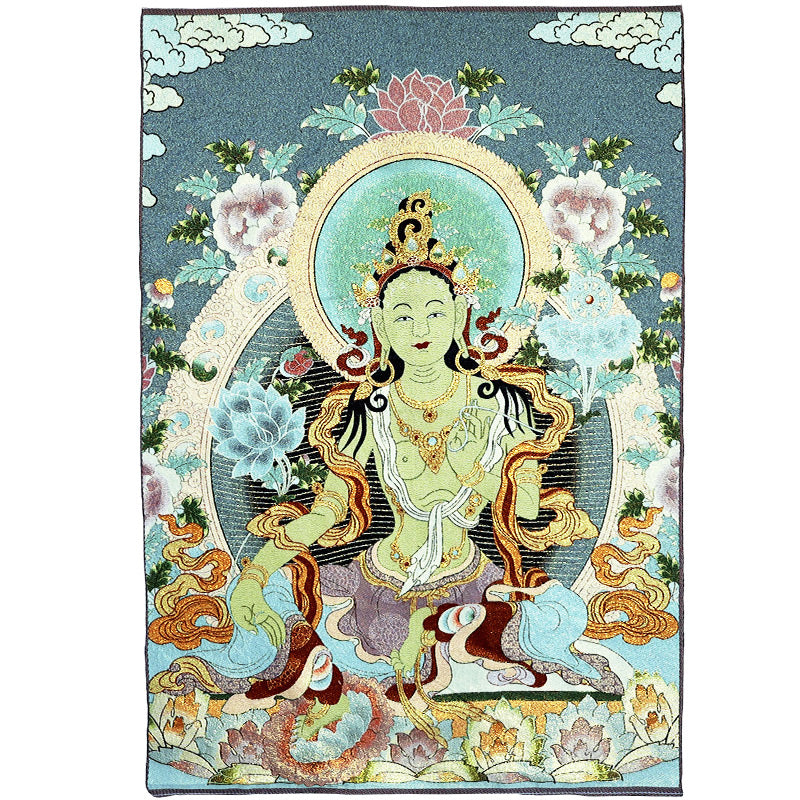 Karma Stone Tibetan Embroidery White Tara Thangka Tapestry Wall Hanging Wall Art Meditation for Home Decor