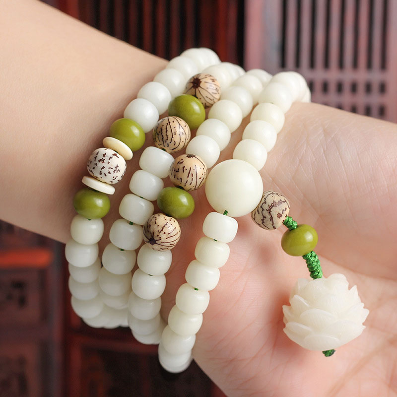 Karma Stone White Jade Bodhi Lotus Mala Harmony Necklace Bracelet
