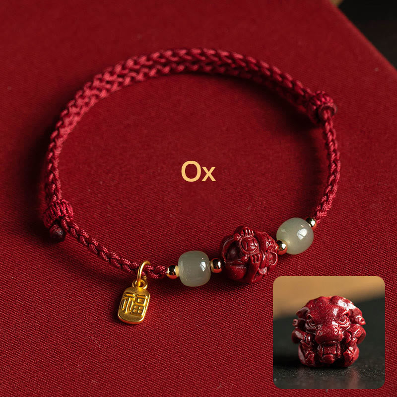 Karma Stone Natural Cinnabar Chinese Zodiac Hetian Jade Fu Character Luck Rope Bracelet
