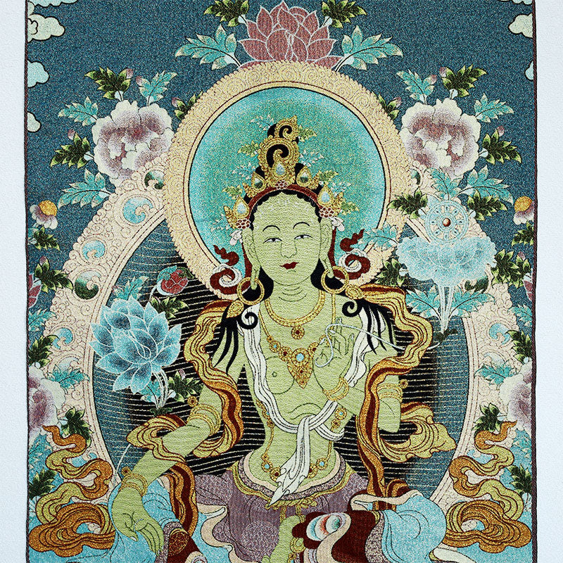 Karma Stone Tibetan Embroidery White Tara Thangka Tapestry Wall Hanging Wall Art Meditation for Home Decor