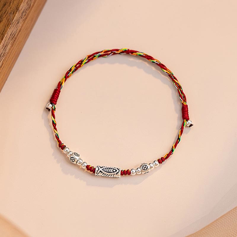 Karma Stone 925 Sterling Silver Luck Koi Fish Braided Colorful String Bracelet Anklet