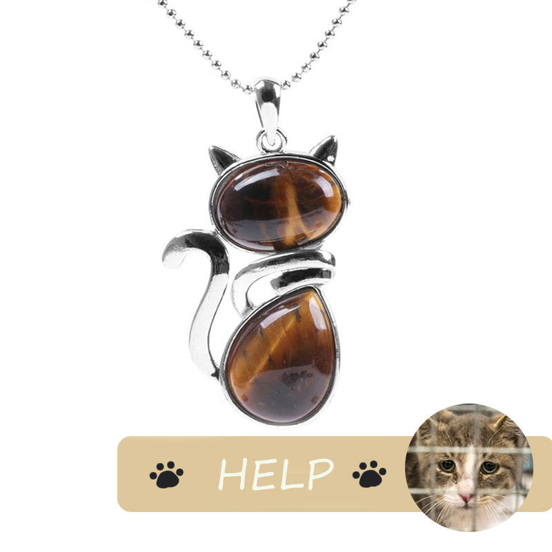 Karma Stone "Save A Cat" Cute Cat Pattern Natural Crystal Protection Cat-Loving Pendant Necklace