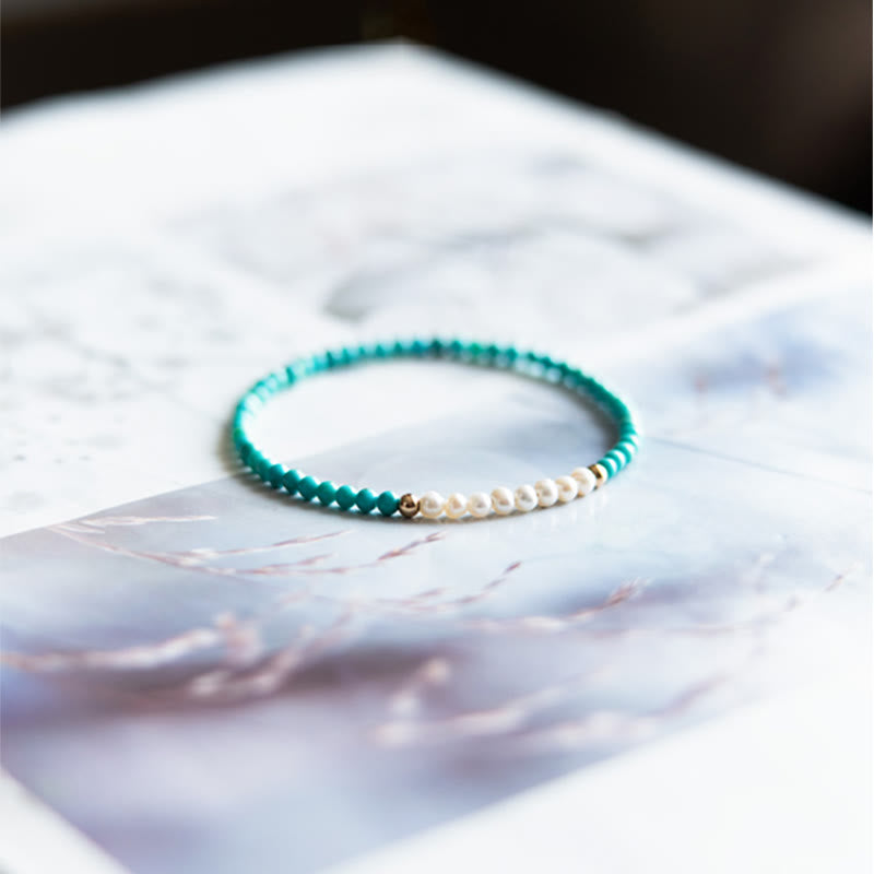 Karma Stone 925 Sterling Silver Natural Turquoise Pearl Beaded Bracelet