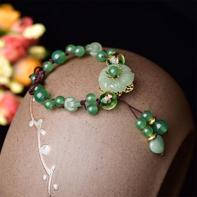Karma Stone Natural Green Jade Luck Dangling Flower Bracelet