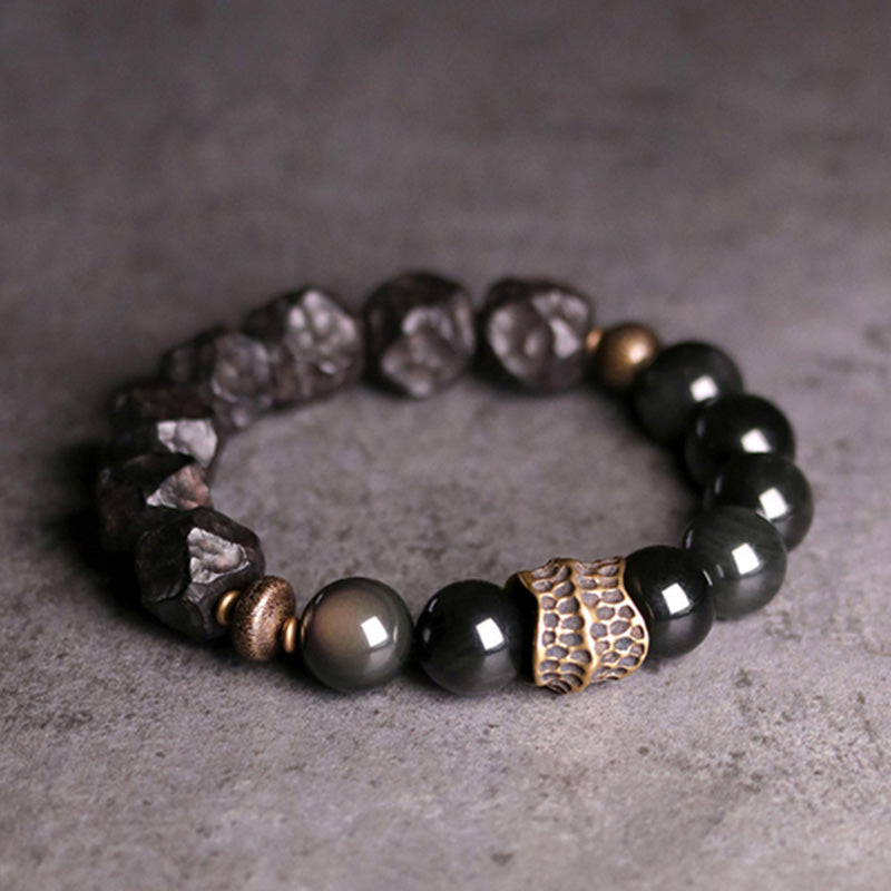 Karma Stone Black Obsidian Ebony Wood Copper Strength Couple Bracelet