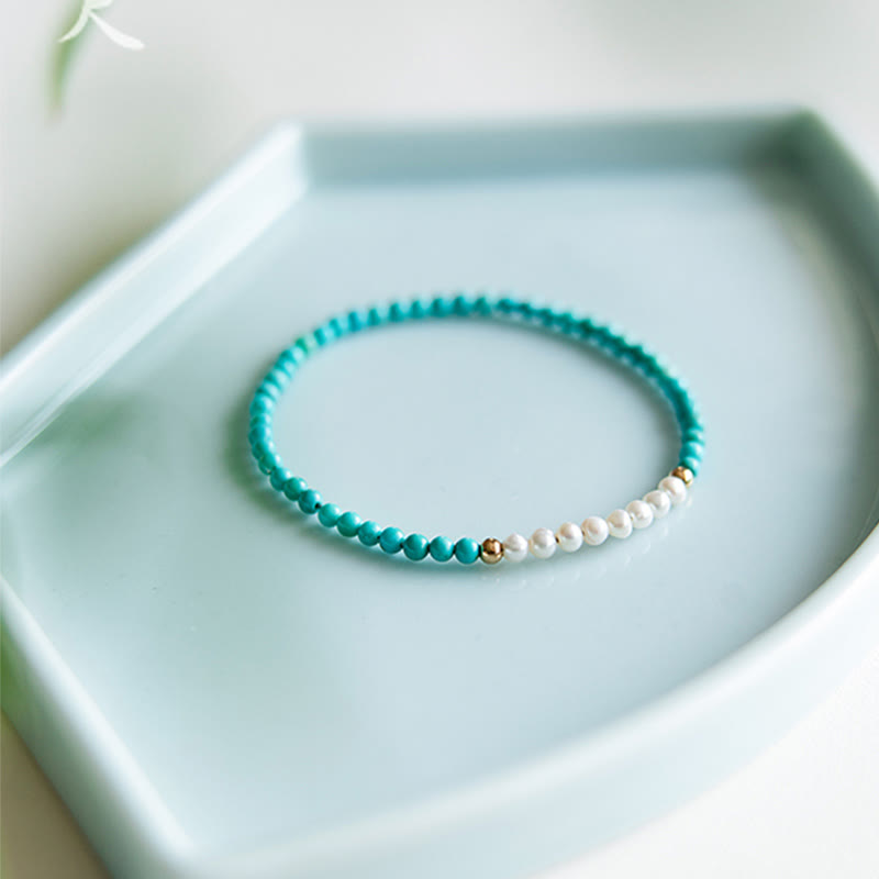 Karma Stone 925 Sterling Silver Natural Turquoise Pearl Beaded Bracelet