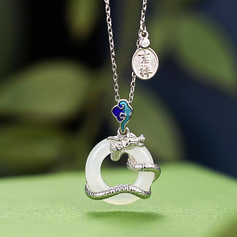 Karma Stone Year Of The Dragon 925 Sterling Silver Hetian White Jade Peace Buckle Auspicious Clouds Success Necklace Pendant