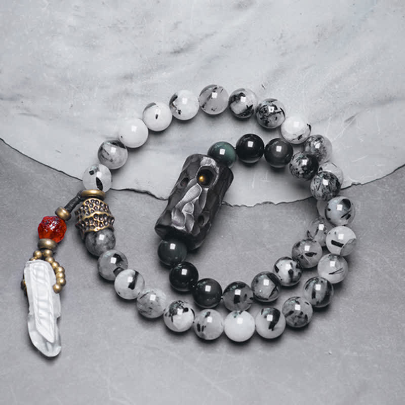 Karma Stone Black Rutilated Quartz Ebony Wood White Crystal Success Couple Bracelet