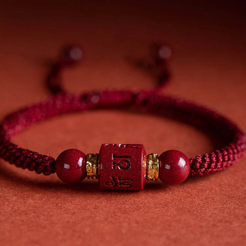 Karma Stone Tibet Cinnabar Om Mani Padme Hum Engraved Blessing Braided Bracelet