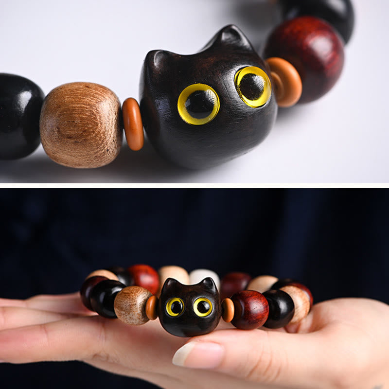 Karma Stone Small Leaf Red Sandalwood Ebony Wood Cute Cat Engraved Protection Bracelet