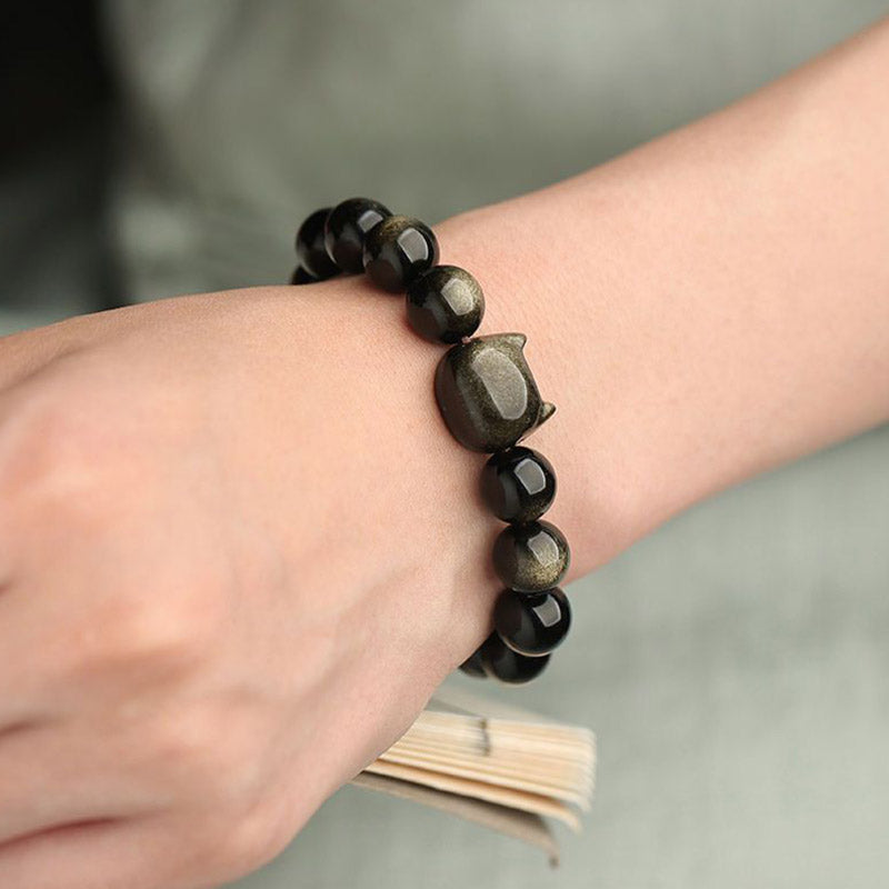 Karma Stone Gold Sheen Obsidian Silver Sheen Obsidian Lovely Paw Lucky Cat Protection Bracelet