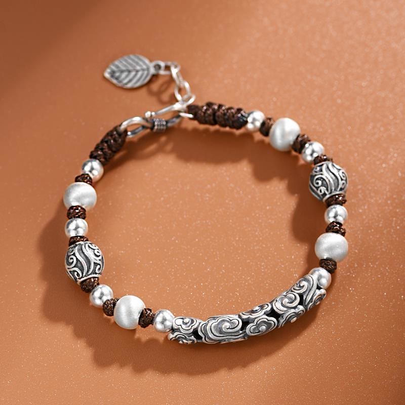 Karma Stone Tibet Handmade Copper 999 Sterling Silver Auspicious Cloud Wealth String Bracelet