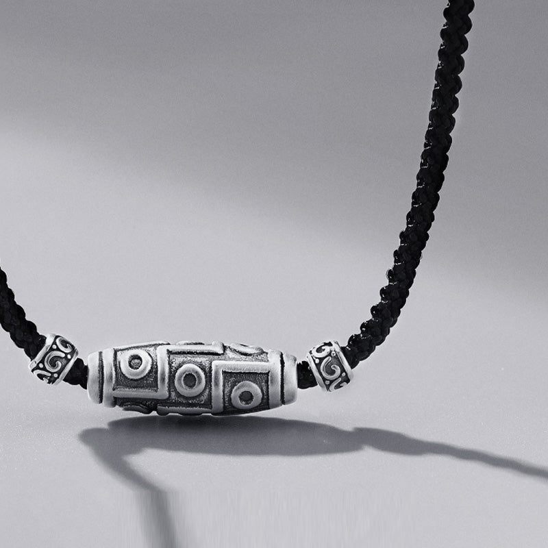 Karma Stone 999 Sterling Silver Nine-Eye Dzi Bead Pattern Protection Rope Necklace Pendant