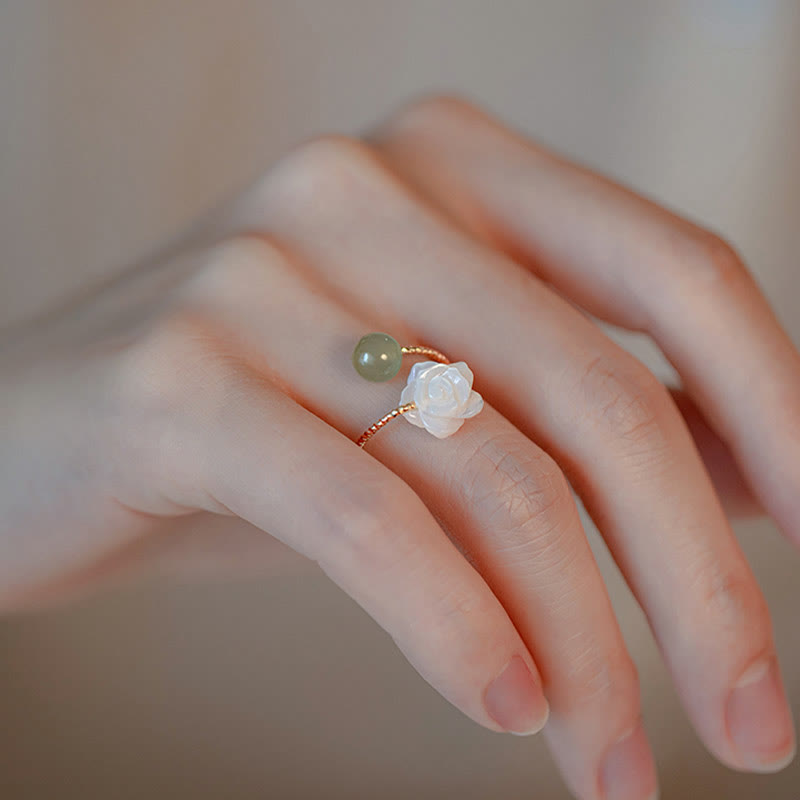 Karma Stone 14K Gold Plated Tridacna Stone Rose Flower Jade Bead Blessing Ring