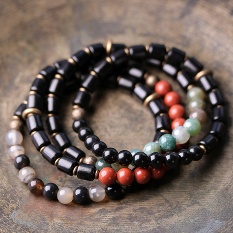 Karma Stone Ebony Wood Red Jasper Moss Agate Crystal Copper Peace Couple Bracelet