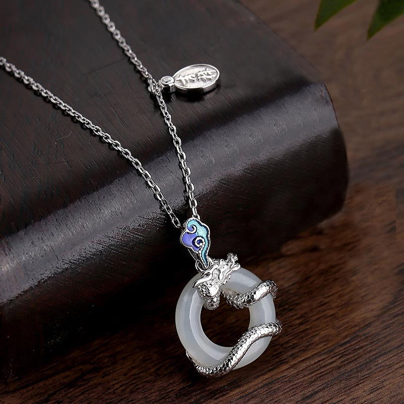 Karma Stone Year Of The Dragon 925 Sterling Silver Hetian White Jade Peace Buckle Auspicious Clouds Success Necklace Pendant