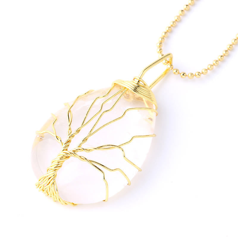 Karma Stone Natural Quartz Crystal Tree Of Life Healing Energy Necklace Pendant