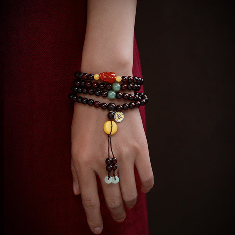Karma Stone Chinese Zodiac Natal Buddha 108 Mala Beads Small Leaf Red Sandalwood Red Agate PiXiu Protection Bracelet