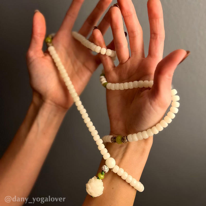 Karma Stone White Jade Bodhi Lotus Mala Harmony Necklace Bracelet