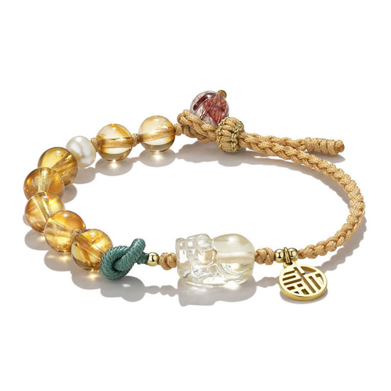 Karma Stone Citrine PiXiu Fu Character Prosperity String Braided Bracelet