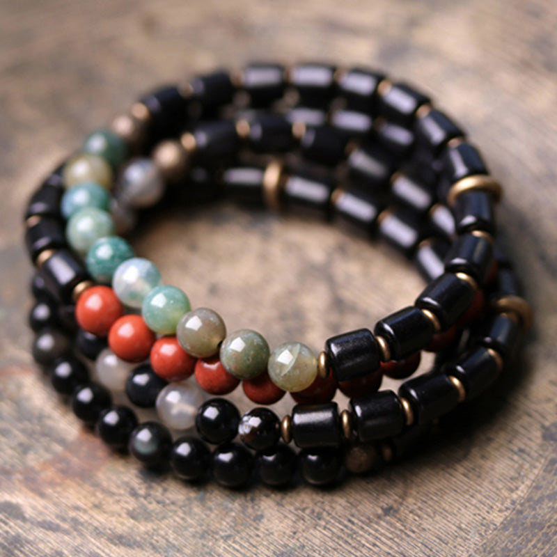 Karma Stone Ebony Wood Red Jasper Moss Agate Crystal Copper Peace Couple Bracelet