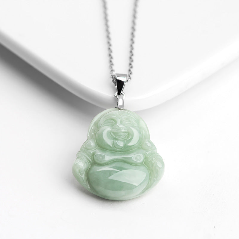 Karma Stone 925 Sterling Silver Laughing Buddha Jade Blessing Necklace Chain Pendant