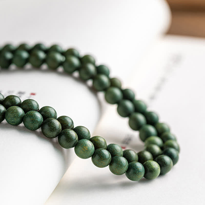Karma Stone 108-Bead Rosary Green Sandalwood, Boxwood, Lotus, Auspicious Wooden Rosary Bracelet