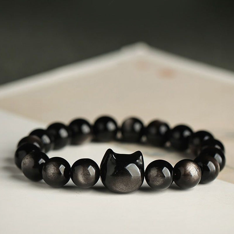 Karma Stone Gold Sheen Obsidian Silver Sheen Obsidian Lovely Paw Lucky Cat Protection Bracelet