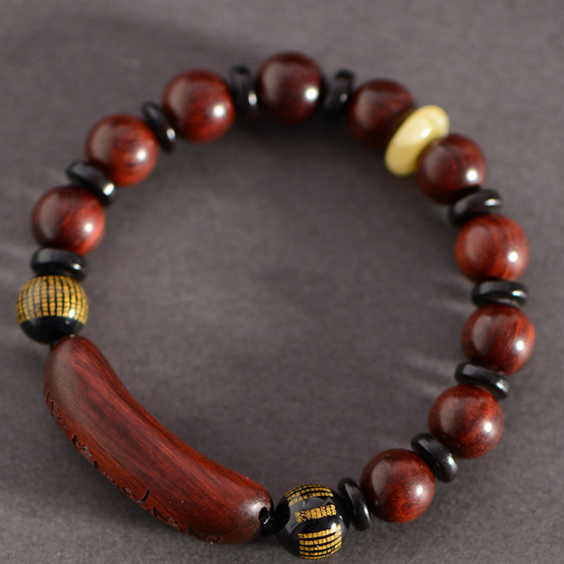 Karma Stone Small Leaf Red Sandalwood Om Mani Padme Hum Engraved Protection Bracelet