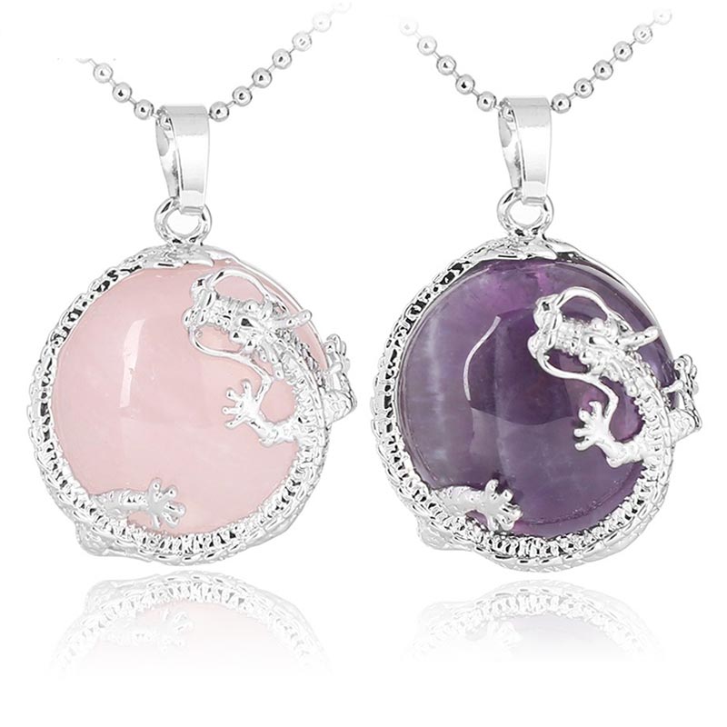 Karma Stone Chinese Dragon Natural Quartz Crystal Healing Energy Necklace Pendant