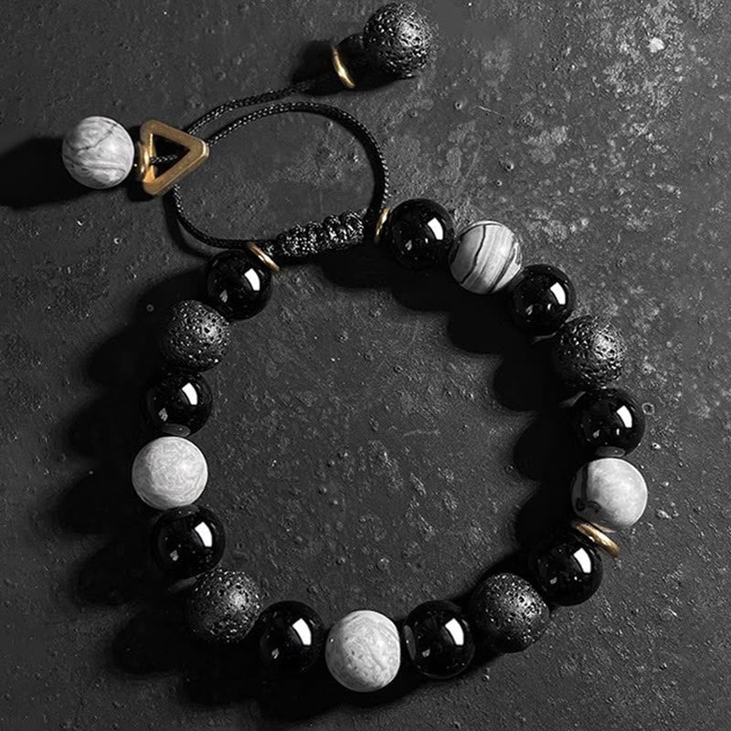 Karma Stone Black Obsidian Lava Rock Stone Yin Yang Strength Bracelet