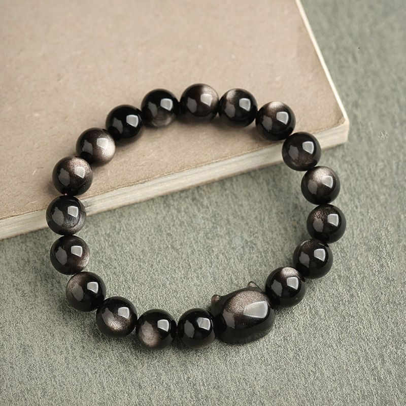 Karma Stone Gold Sheen Obsidian Silver Sheen Obsidian Lovely Paw Lucky Cat Protection Bracelet