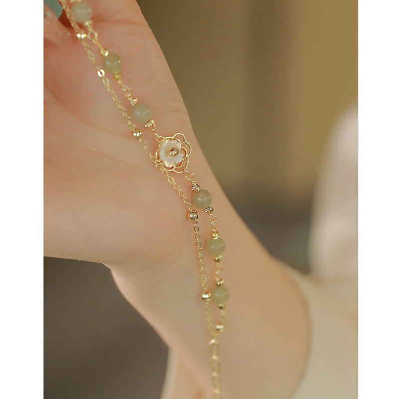 Karma Stone 14K Gold Plated Jade Butterfly Tridacna Stone Flower Double Layer Luck Bracelet