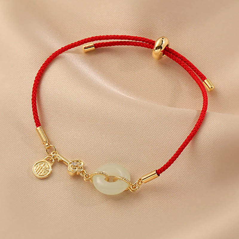 Karma Stone 18K Gold Plated Hetian Jade Peace Buckle Fu Character Luck Red Rope Bracelet