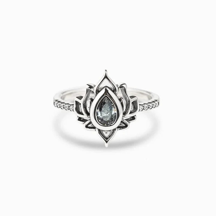 Karma Stone Sterling Silver Lotus Zircon Blessing Protection Ring