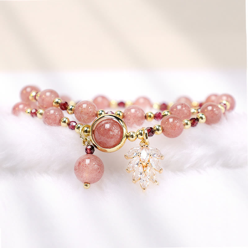 Karma Stone Natural Strawberry Quartz Love Healing Maple Leaf Charm Double Wrap Bracelet