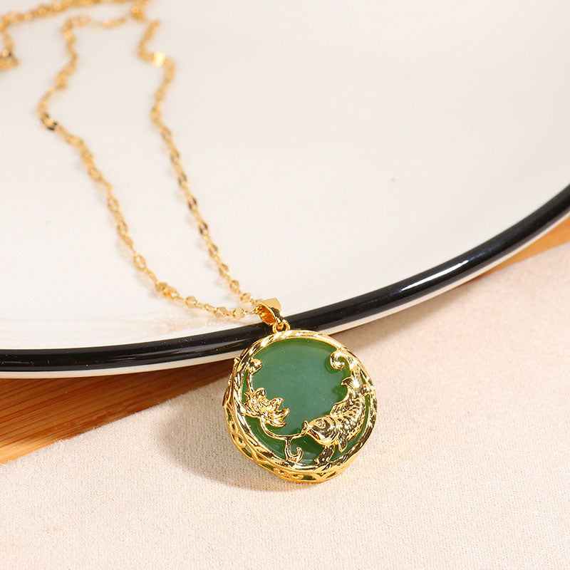 Karma Stone Natural Jade Koi Fish Lotus Luck Necklace Pendant